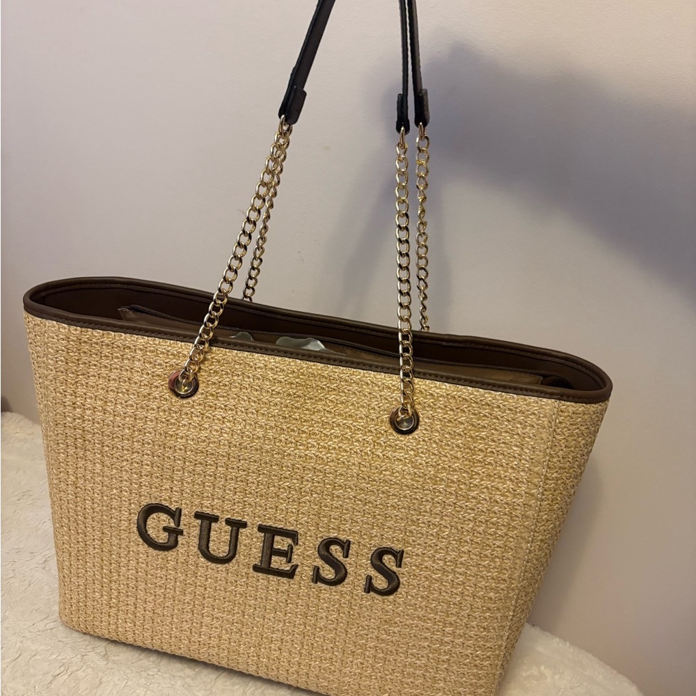 Guess Tan Tote Bag with Woven Texture and Chain Handles